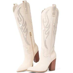 Women Suede Beige Rhinestones Embroidered Side Zip  Pointed Toe Knee High Boots